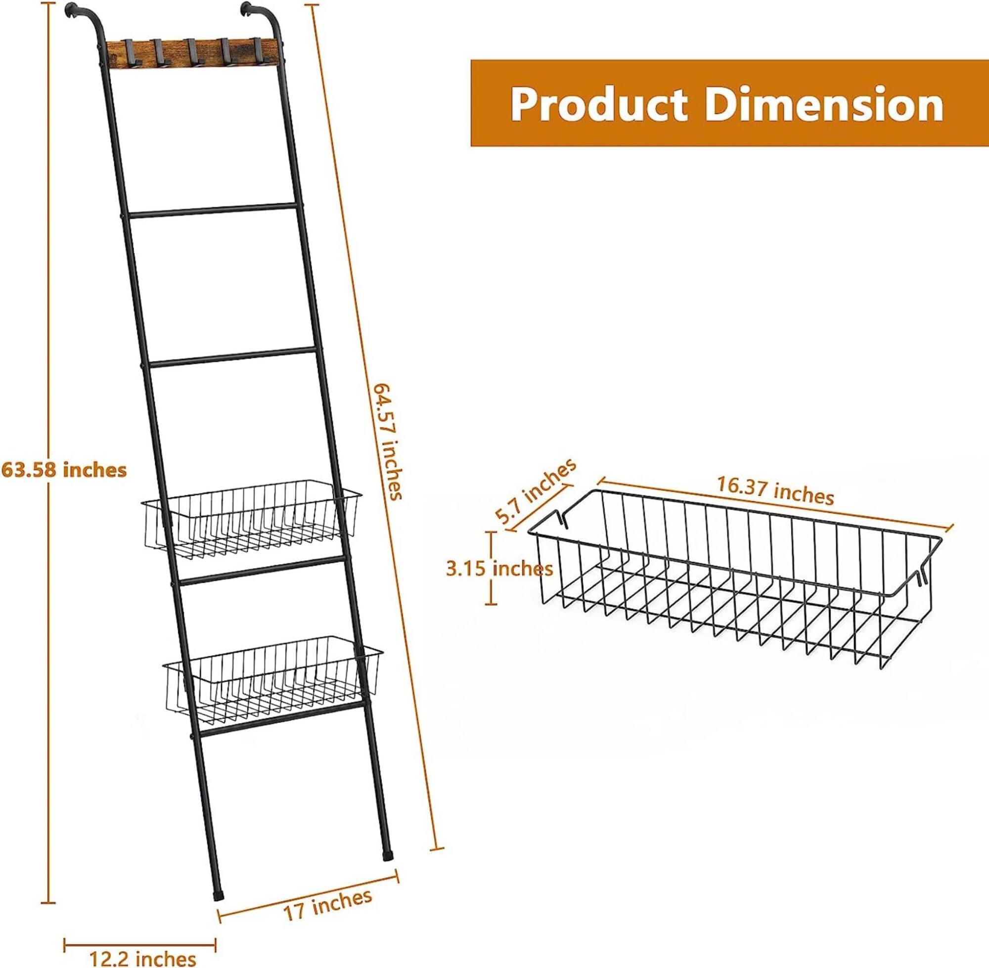 NEX™ 64" Black Blanket Ladder Leaning Towel Holder with 2 Metal Baskets